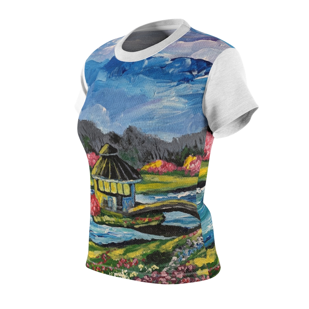 Women's AOP Cut & Sew Tee "Spring in the Byron Lake park" by Nadia Nevala - Image 4
