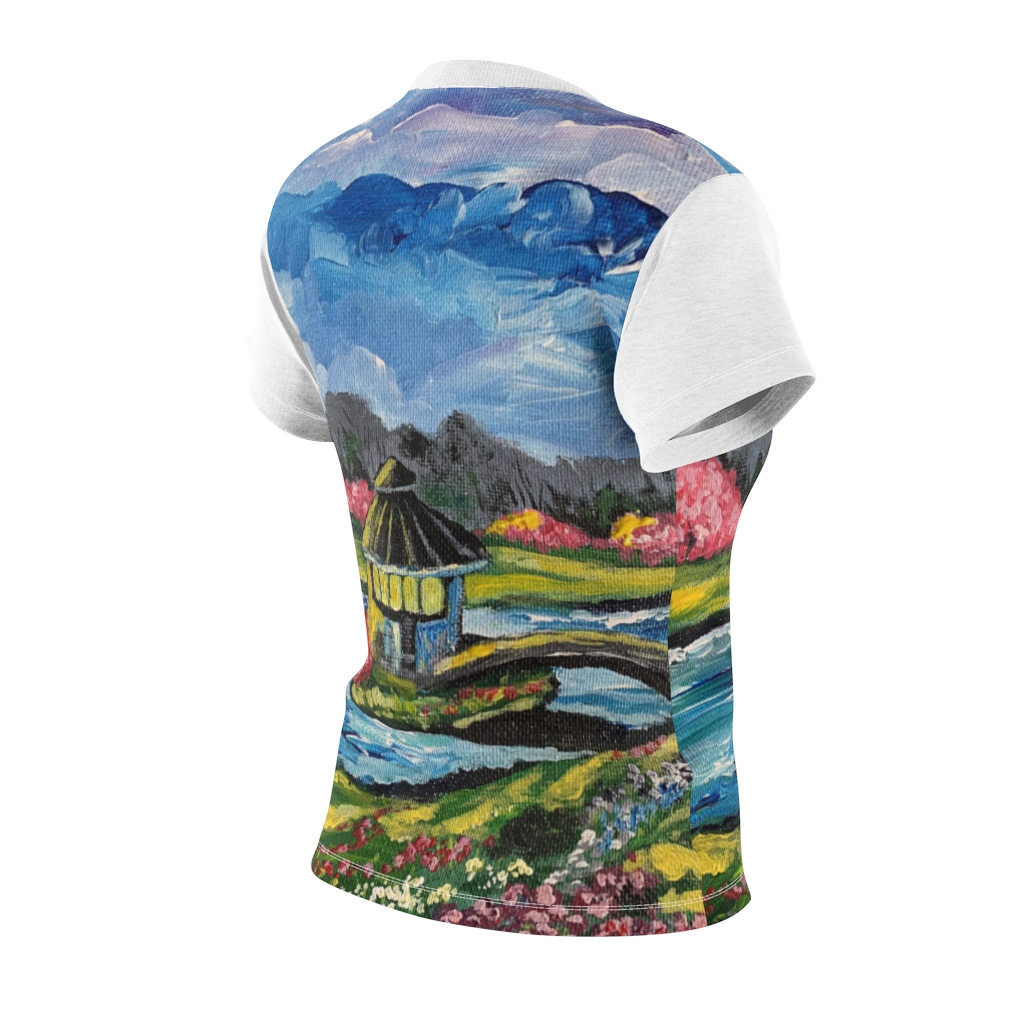 Women's AOP Cut & Sew Tee "Spring in the Byron Lake park" by Nadia Nevala - Image 5