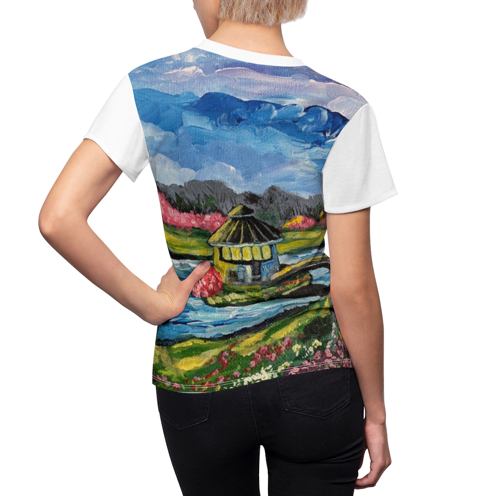 Women's AOP Cut & Sew Tee "Spring in the Byron Lake park" by Nadia Nevala - Image 6