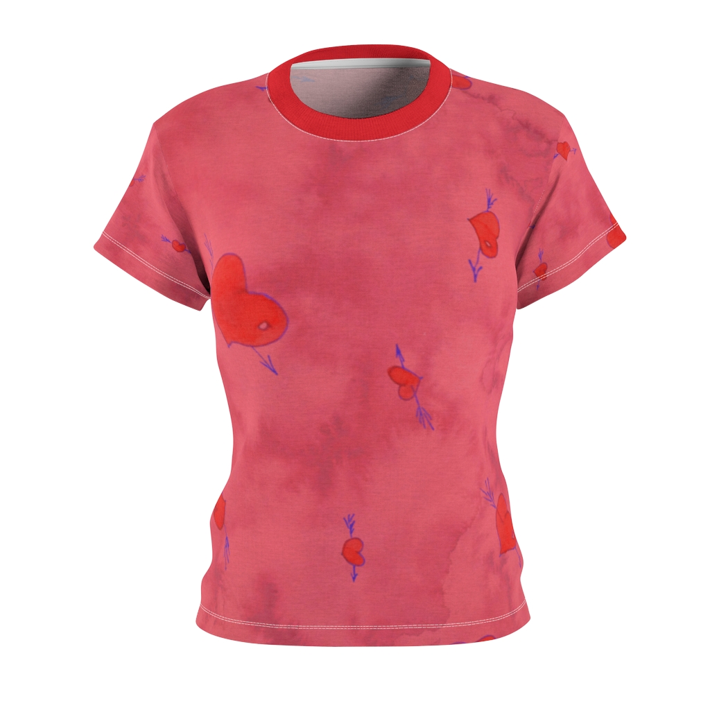 Women's AOP Cut & Sew Tee Pink pattern hearts with arrows by Nadia Nevala