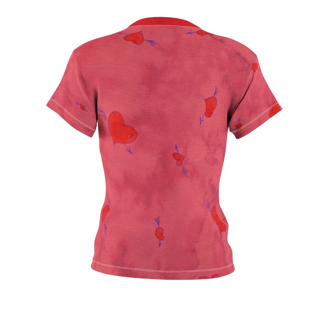 Women's AOP Cut & Sew Tee Pink pattern hearts with arrows by Nadia Nevala - Image 2