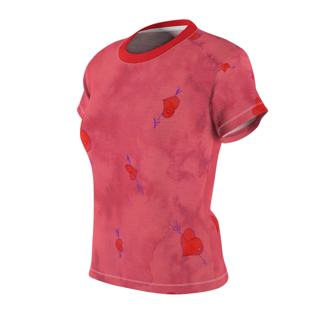 Women's AOP Cut & Sew Tee Pink pattern hearts with arrows by Nadia Nevala - Image 3