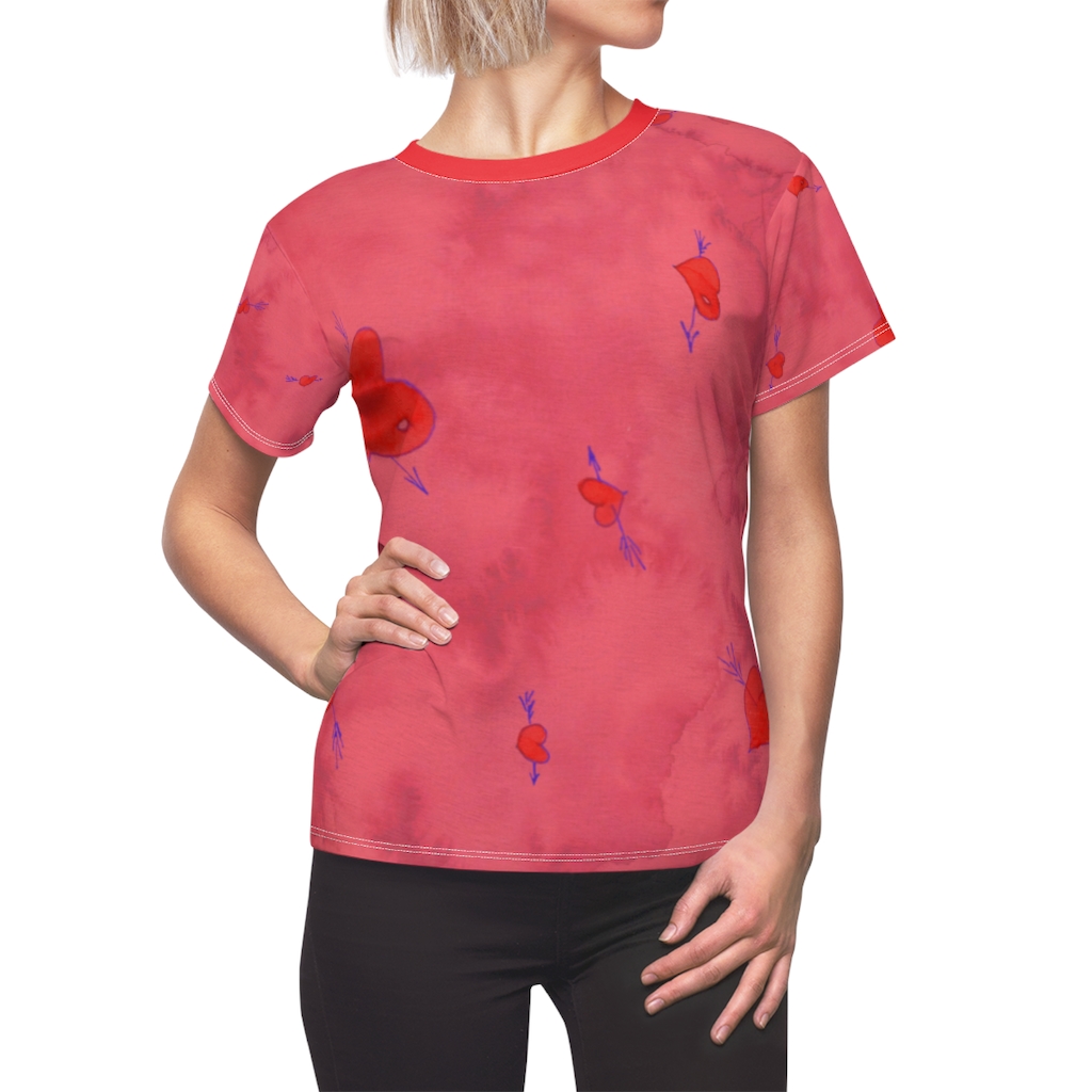 Women's AOP Cut & Sew Tee Pink pattern hearts with arrows by Nadia Nevala - Image 5