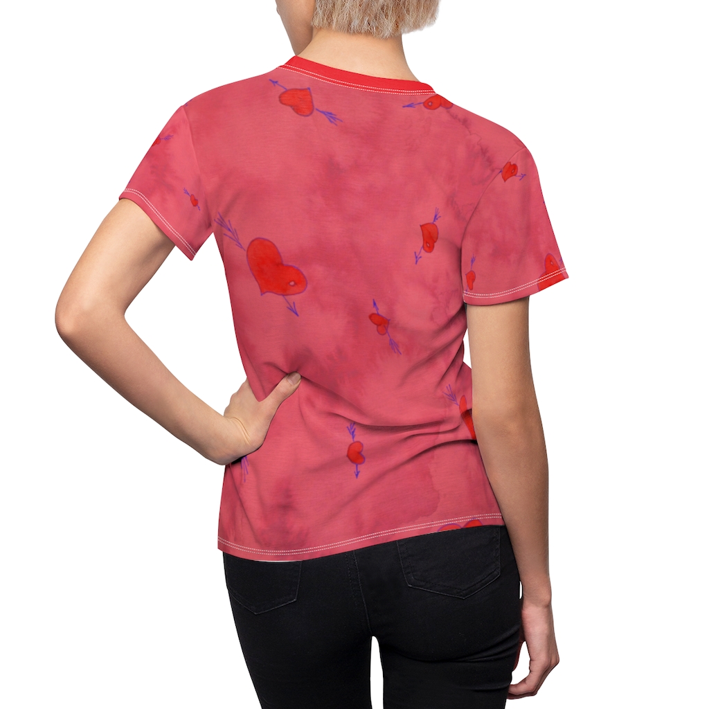 Women's AOP Cut & Sew Tee Pink pattern hearts with arrows by Nadia Nevala - Image 6